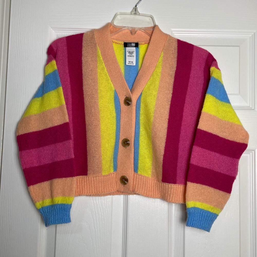 TRUCE Kids Rainbow‎ Stripe Cardigan Sweater Size S 7-8